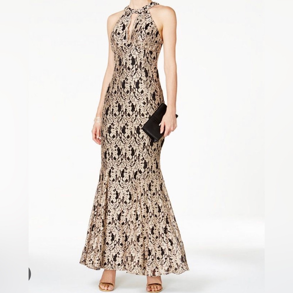 Nightway Sparkly Lace Gold/Black Mermaid Prom Dress NWOT